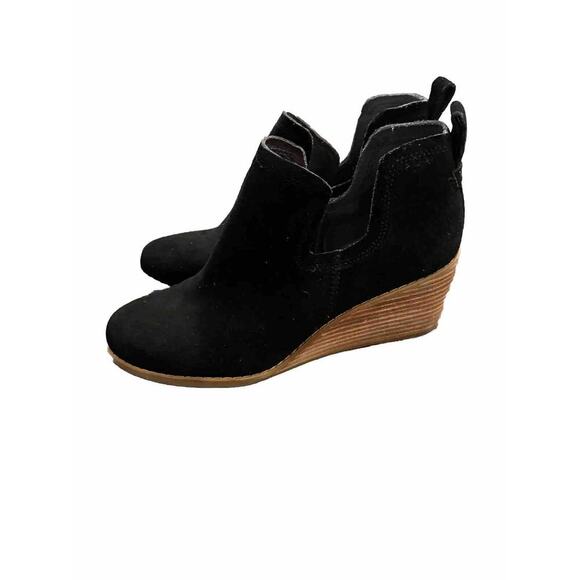 TOMS Kallie Womens 8 Black Suede Booties Stack Wedge Heel Casual Ankle Boots New - Picture 4 of 6